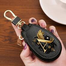 Litchi Pattern Key Bag -Black Gold Letters A-Z Car Key Protection Cover,PU Key Storage Clip,Zipper Bag,Car Key Storage Device,Car Keychain,Unisex Gift - Multicolor - View 7