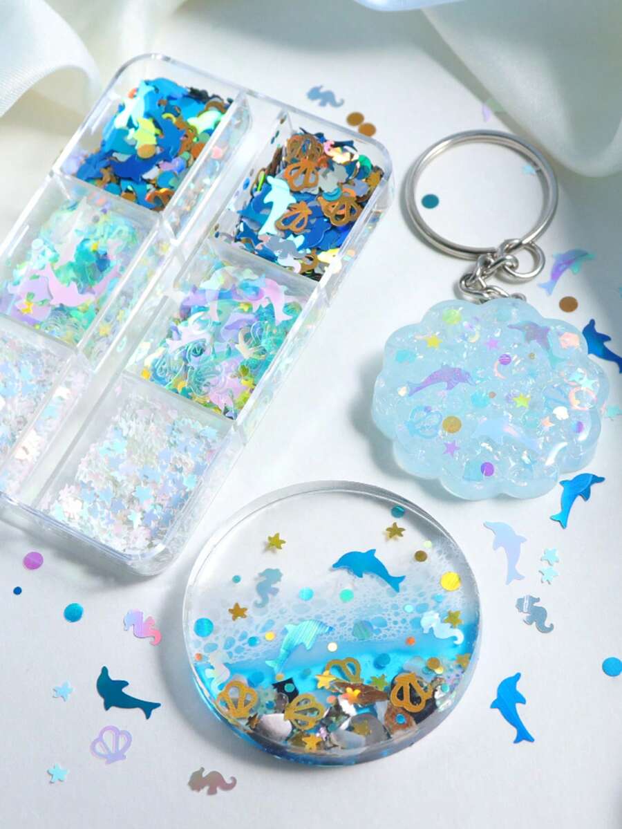閃亮海豚海馬海星亮片樹脂填充料，圓形片狀環氧樹脂填充，海洋鑰匙圈 DIY 手工珠寶製作 - 彩色 - 查看 1
