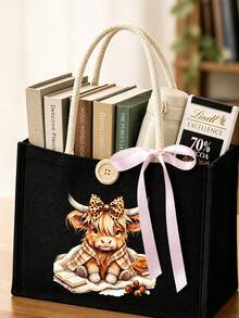 Canvas Tote Bag With Makeup Bag, Printed With Cow Pattern, Adorned With Pink Bow, Matching Makeup Bag, Shopping Bag, Foldable And Lightweight, Multi-Functional Handbag, Suitable For Commuting, Shopping, Daily Use, Party Gift, Suitable As Birthday Gift For Friends And Best Friends, Teacher's Day Gift, Back To School Gift - Multicolor - View 1