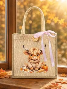 Canvas Tote Bag With Makeup Bag, Printed With Cow Pattern, Adorned With Pink Bow, Matching Makeup Bag, Shopping Bag, Foldable And Lightweight, Multi-Functional Handbag, Suitable For Commuting, Shopping, Daily Use, Party Gift, Suitable As Birthday Gift For Friends And Best Friends, Teacher's Day Gift, Back To School Gift - Multicolor - View 6