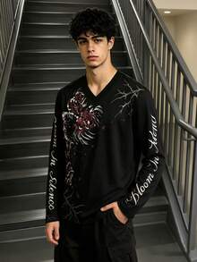 Men's V-Neck Long Sleeve T-Shirt, Gothic Style Spider Lily And Calligraphy Letter Print Streetwear Top - Multicolor - View 4