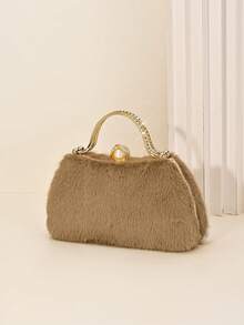 LJDCRFT Women's Fuzzy Evening Clutch, Pearl And Rhinestone Decorated Handbag With Metal Top Handle, Suitable For Parties, Weddings, Balls, And Other Occasions - Camel - View 6