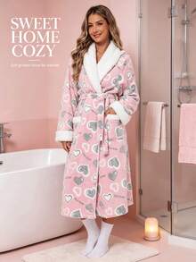 Neue lange warme Damen-Bademantel, weicher warmer bedruckter Samt-Bademantel, Herbst/Winter verdickter Stil, Damen lässiger Strick-Bademantel in Knie-Länge mit Bindegürtel und Taschen, Haus-Bademantel, Halloween-Kostüm, Weihnachtsgeschenk - A - Übersicht 7