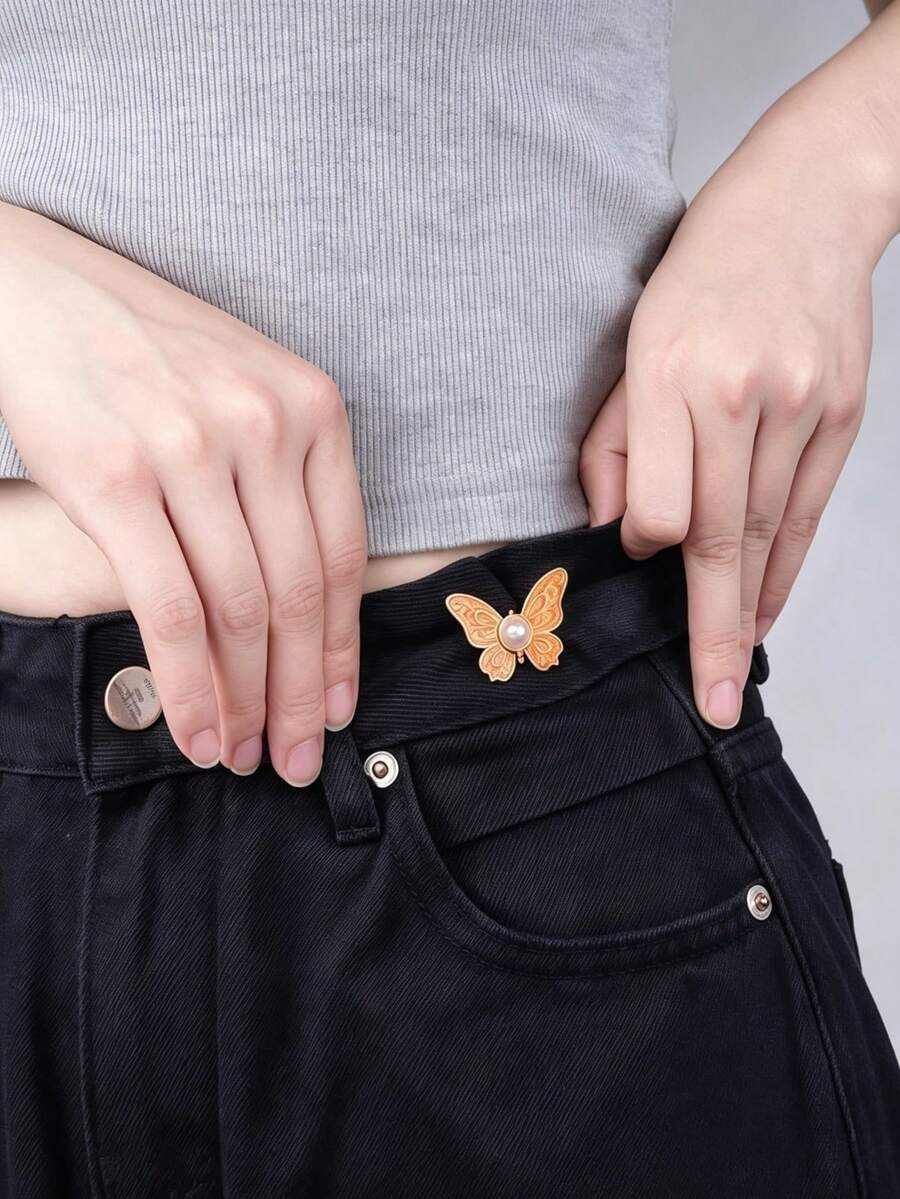 1 Set Waist Tightener, Detachable Butterfly Clip Jeans Button, Suitable For Loose Jeans, Adjustable Waist Buckle Set, No Sewing And Tools Needed, Decorative Butterfly Waist Buckle, Jeans Button Pin