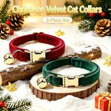 2pcs Burgundy + Dark Green Soft Velvet Cat Collar With Gold Bell Metal Buckle, Adjustable Size Comfortable Wear, Universal For Cats And Small Dogs Pet Neck Collar Accessory, Christmas, Oktoberfest - Burgundy & Dark Green - View 3