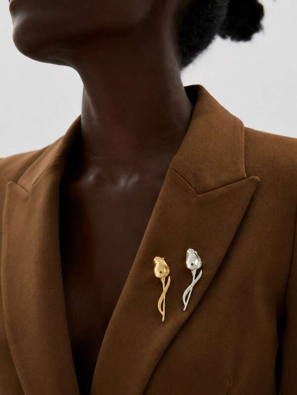 2Pcs Tulip Flower Brooch Pin Set, Gold & Silver Tone Floral Lapel Pin Decor For Suit Coat Scarf Women Accessories