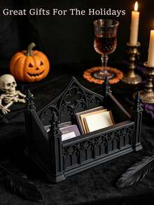 Gothic Cathedral Style Business Card Holder, Desktop Organizer Box, Home Decor, Multi-Functional Storage Tray, Includes Gift Bag, Suitable For Storing Notes/Jewelry/Small Cards/Photos/Dried Flower Gifts/Office Desk Storage/Bills/Dark Style Cafe Decor - Multicolor - View 2