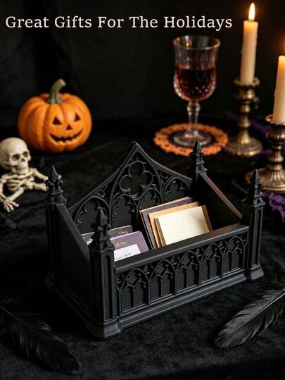 Gothic Cathedral Style Business Card Holder, Desktop Organizer Box, Home Decor, Multi-Functional Storage Tray, Includes Gift Bag, Suitable For Storing Notes/Jewelry/Small Cards/Photos/Dried Flower Gifts/Office Desk Storage/Bills/Dark Style Cafe Decor