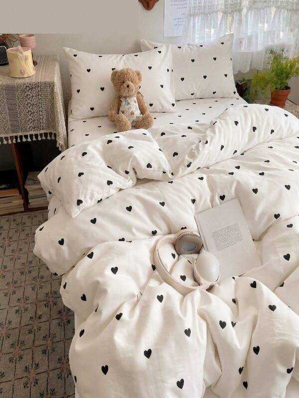Set Sprei Selimut Motif Hati Kecil Minimalis Gaya 2/3pcs Putih & Hitam, Lembut & Bernapas untuk Tidur Lebih Nyenyak, Gaya Hotel Mewah, Hadiah untuk Orang Tua & Teman, Selimut Dua Warna*1 Sarung Bantal*1/2, Ukuran King/Queen/Full/Twin