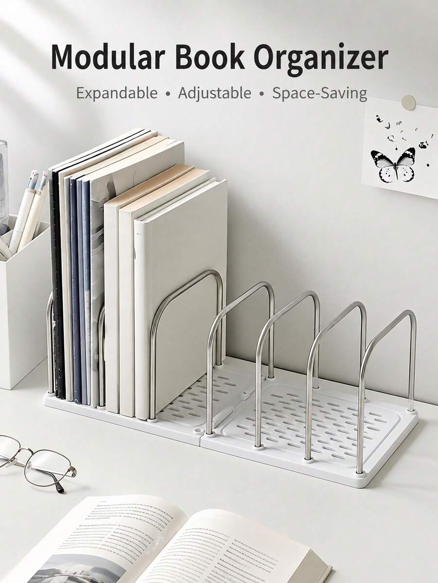 Bokhylla för skrivbord i rostfritt stål, justerbar hylla och mapporganizer med stabil plastbas, modern minimalistisk förvaringsställ för kontorsskrivbord, lämplig för skrivbord, bokhylla, hem eller kontor, för organisering och förvaring av böcker och mappar