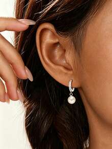 1 Pair Copper Alloy Luxury Full Rhinestone Stud Pearl Drop Earrings For Women, Elegant Elegant Faux Pearl Pendant Earrings For Daily Commute, High-End Jewelry - Pearl - View 1