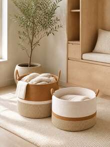 1pc Large 3-Color Cotton Rope Laundry Basket With Dual Handles, Soft Foldable Round Storage Bin For Blankets, Towels, Clothes, Toys And Pillows, Bohemian Style Bedroom, Bathroom, Nursery, Laundry Room And Dorm Storage Basket - Brown - View 1