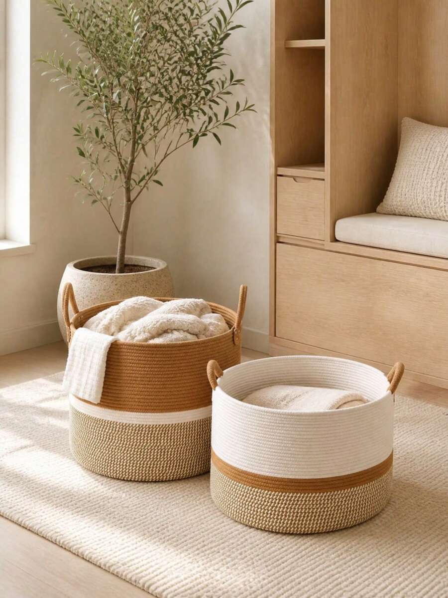 1pc Large 3-Color Cotton Rope Laundry Basket With Dual Handles, Soft Foldable Round Storage Bin For Blankets, Towels, Clothes, Toys And Pillows, Bohemian Style Bedroom, Bathroom, Nursery, Laundry Room And Dorm Storage Basket - Brown - View 1