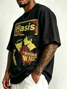 Vintage British Rock Band Poster Print Short Sleeve American Distressed Oversized Men's T-Shirt - Black - View 1
