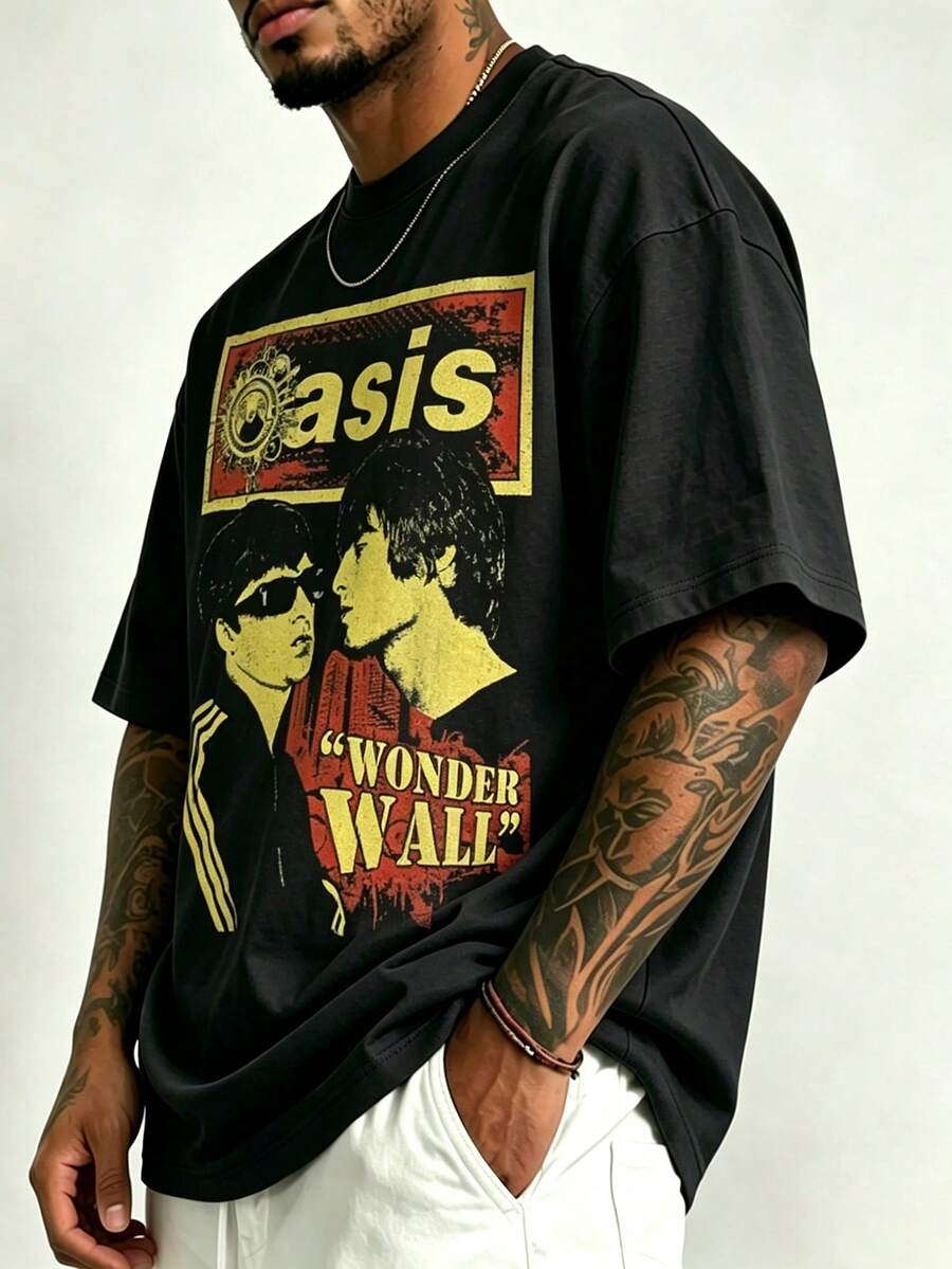 Vintage British Rock Band Poster Print Short Sleeve American Distressed Oversized Men's T-Shirt - Black - View 1