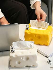 1pc Creative Cheese‑Shaped Tissue Box With Silver Bear Ornament, Plastic Decorative Napkin Holder, Cute Desktop Tissue Dispenser For Living Room Coffee Table Bedroom Home Tabletop Decor Tissue Box Tissue Box Holder - Multicolor - View 2
