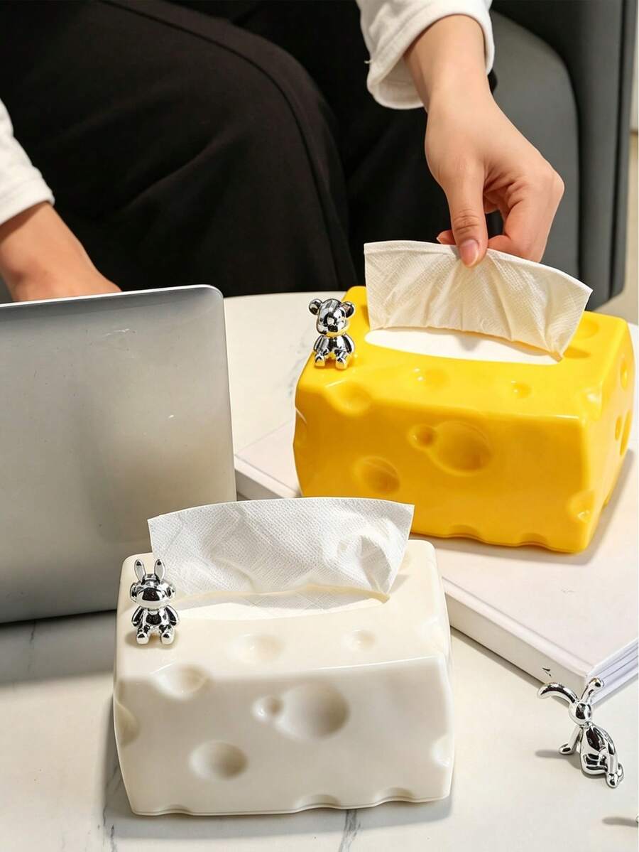 1pc Creative Cheese‑Shaped Tissue Box With Silver Bear Ornament, Plastic Decorative Napkin Holder, Cute Desktop Tissue Dispenser For Living Room Coffee Table Bedroom Home Tabletop Decor Tissue Box Tissue Box Holder