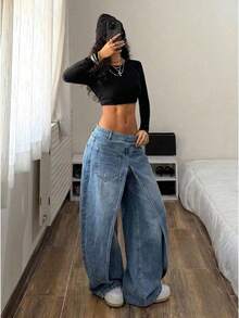 Women Y2K Split Long Denim Pants, High Waisted Loose Wide Leg Trousers, Streetwear Statement Bottoms - Light Blue - View 3