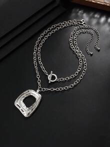2 piezas Collar de plata minimalista de doble capa para hombre, colgante cuadrado hueco geométrico asimétrico, collar de capas con cierre OT, accesorio de estilo urbano, regalo - K blanca - Ver 5