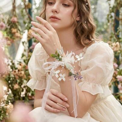 1 pieza Corsage de muñeca romántico boho de tela de flor color marfil, flor de muñeca con cinta de perlas falsas y strass para novia, dama de honor, boda, baile de graduación y fiesta