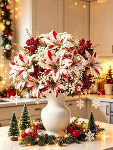 12/6/1pc Set Artificial Red & White Poinsettia Bouquet With Baby's Breath, Holiday Floral Arrangement Kit, Suitable For Fireplace, Stair Railing, Dining Table, Vase, Balcony Planter And Stage Backdrop, Perfect For Christmas Tree And Home Decor - Multicolor - View 7