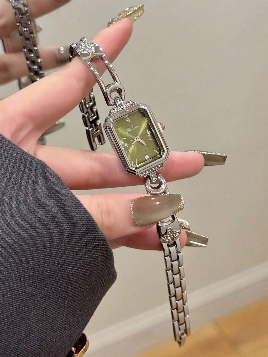 拋光銀色錶殼閃耀綠色錶盤精緻鏤空金屬鏈條錶帶奢華女士腕錶時尚裝飾石英錶 - 銀色 - 查看 1