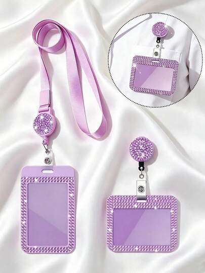 Purple Rhinestone ID Card Holder With Lanyard, ID Card Storage Box, Anti-Lost Lanyard, Student ID Card Holder, Self-Service Restaurant Card Holder