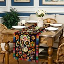 1pc Floral Sugar Skull Mexican Day Of The Dead Table Runner, Halloween Table Runner, Day Of The Dead Kitchen Dining Table Decor, Home Party Decoration - Multicolor - View 5