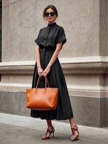 Solid Color Button Decor Stand Collar Short Sleeve 2 Pieces Set Shirt + Pleated Mid-Length Skirt Elegant Black - Black - View 1