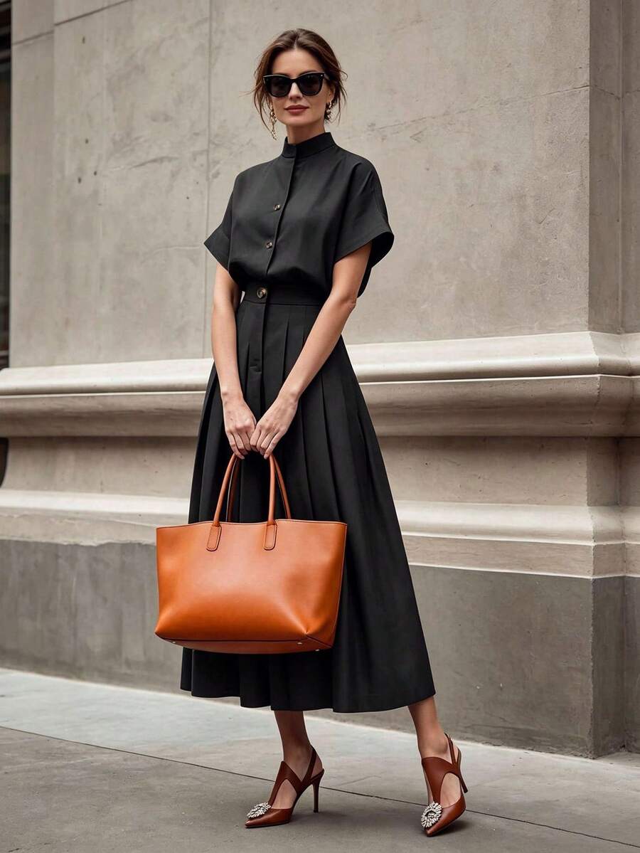 Solid Color Button Decor Stand Collar Short Sleeve 2 Pieces Set Shirt + Pleated Mid-Length Skirt Elegant Black - Black - View 1
