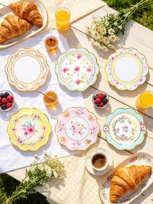 10pcs/60pcs/120pcs 7.28 Inch Floral Paper Plates, 6 Styles Gold Foil Rimmed Party Paper Plates, Pink/Blue/Yellow/White Flower Decor Paper Plates Suitable For Wedding, Bridal Shower, Birthday Tea Party, Paper Plates For Appetizers, Desserts, Snacks, Suitable For Large Gatherings - Multicolor - View 4