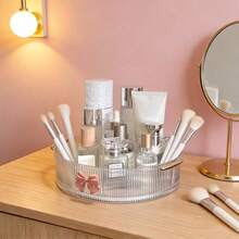 1pc 360° Rotating Transparent Cosmetic Storage Box + Bowknot Decoration/Multifunctional Cosmetic Storage Rack, Suitable For Skincare, Lipstick, Perfume, Jewelry, Etc., Perfect For Dorm And Bathroom Vanity - View 3