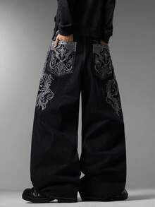 Men's Gothic Street Brand Wide Leg Jeans, Exquisite Retro Embroidery, Comfortable Versatile All-Season Long Pants (No Belt & Accessories) - Black - View 6