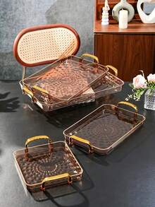 Tray, Gold Thickened Transparent PET Rectangular Tray With Handles, Plastic Storage Tray, Suitable For Tea Cups, Water Cups, Gold Rim Style - Amber - View 1