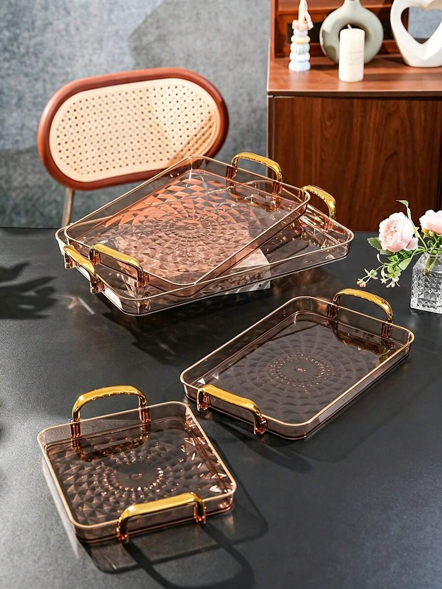 Tray, Gold Thickened Transparent PET Rectangular Tray With Handles, Plastic Storage Tray, Suitable For Tea Cups, Water Cups, Gold Rim Style - Amber - View 1