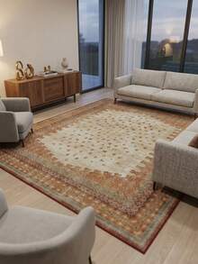 1PC Vintage Brick Red Jagged Border Print Beige Area Rug, Distressed Bohemian Style Faux Cashmere Rectangular Asymmetrical Edge Symbol Machine Washable Floor Mat, Suitable For Living Room Bedroom Study Home Decor - Multicolor - View 8