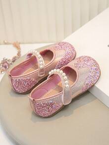 1 Pair Toddler Girls Pearl Decor Glitter Fabric Non‑Slip Round Toe Mary Jane Flat Princess Shoes For Party Daily Wear - Hot Pink - View 5