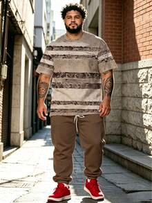 2pcs Plus Size Men's Vintage Distressed Brown Coffee Horizontal Striped Print Short Sleeve T-Shirt And Solid Coffee Drawstring Cuffed Sweatpants Set, Loose Fit Breathable Skin-Friendly Summer American Retro Casual Sports Outfit - Brown - View 1