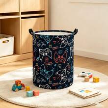 1pc Cartoon Game Controller Print Foldable Round Laundry Basket With Handle, Colorful Graffiti Video Game Pattern Fabric Storage Bin, Multi-Purpose Boy Toy Clothing Sundries Organizer, Suitable For Game Room Bedroom Decor - View 6