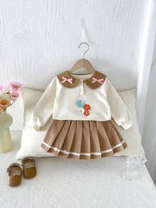 Miniweenns 2pcs/Set Baby Girl Spring/Autumn Outdoor Casual Back To School Long Sleeve Applique Sweatshirt + Sweet Pleated Skirt - Multicolor - View 4
