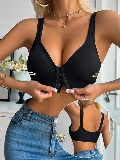 Black Front Closure Wireless Molded Cup Bra, Fixed Thin Padding, Classic Comfortable Women's Solid Color Lingerie Bra