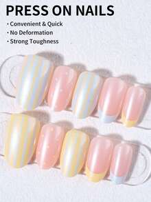 30pcs Short Oval Polka Dot French Nail Art Design Fake Nails Set, Includes 1 Double-Sided Adhesive And 1 Nail File, Short Polka Dot Nails Perfect For Parties, Dancing And Daily Wear - Multicolor - View 2