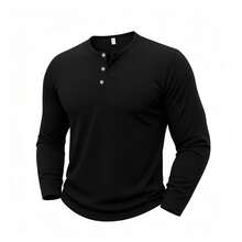[3pcs/Pack]American Style Men's Long Sleeve Henley Shirt, Simple Solid Color 3-Button Crew Neck T-Shirt, Versatile Outdoor Commute Base Layer Top - Black - View 5
