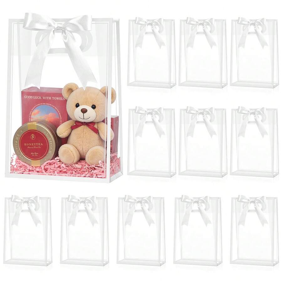 12pcs Clear Gift Bags With White Trim And Satin Ribbon Bows; Reusable Clear PVC Tote Bags; Perfect For Weddings, Bridal Showers, Birthday Gift Wrapping, Baby Showers, And Elegant Gift Packaging; Also Suitable For Displaying Flowers In Boutiques - Transparent Gift Bag With White Trim (including Ribbon) - View 1
