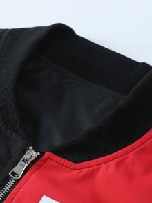 Men's Red & Black Colorblock Letter Print F1 Racing Style Aviator Jacket, Vintage Motorcycle Jacket, American Biker Style Ribbed Hem Casual Flight Jacket - black red - View 5