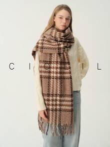 1pc Women's Fashion Versatile Plaid Multicolor Patchwork Polyester Scarf, Warm For Autumn/Winter, Daily Wear - Blue Camel - View 8
