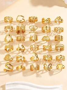 3/6/9/12/24pcs Stainless Steel 18K Gold Plated Minimalist Geometric Open Rings, Fashionable For Daily Wear (Random Delivery) - Gold - View 1