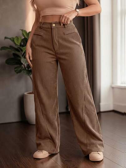 Pantalones de pana de pierna ancha para mujer, pantalones largos elegantes de cintura alta con cremallera y botón, pantalones casuales con drapeado