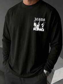 Men's Spring Autumn Thorn Crown Portrait Sketch Back Print Long Sleeve T-Shirt - Black - View 2