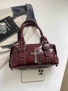 Shoulder Bag With Rivet Decor, Detachable Strap And Zipper Closure, Cool Style Underarm Bag, Women's Bag, Unique Niche Design, Suitable For Daily Outings, Dates, Commuting And Casual Crossbody Wear - Burgundy - View 3